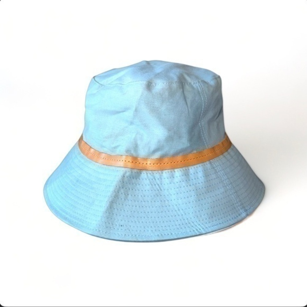 COACH Light Blue Cotton Bucket Hat White Leather Trim Y2K Baby Blue